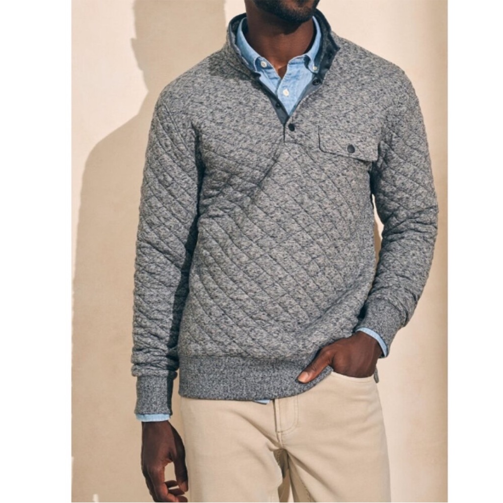 Faherty Carbon Melange Gray Epic Quilted Quarter Snap Pullover, Menâs Sz M